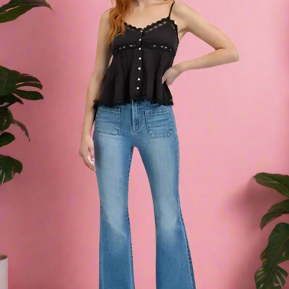 Chic Full Size Front Patch Pocket Flare Jeans Plus , Size 2XL